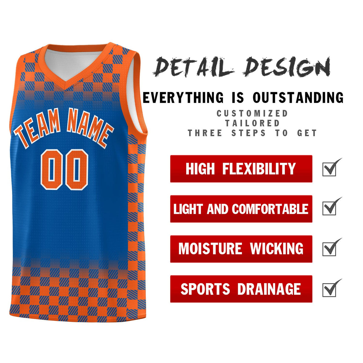 Custom Royal Orange Classic Plaid Pattern Sports Uniform Basketball Jersey