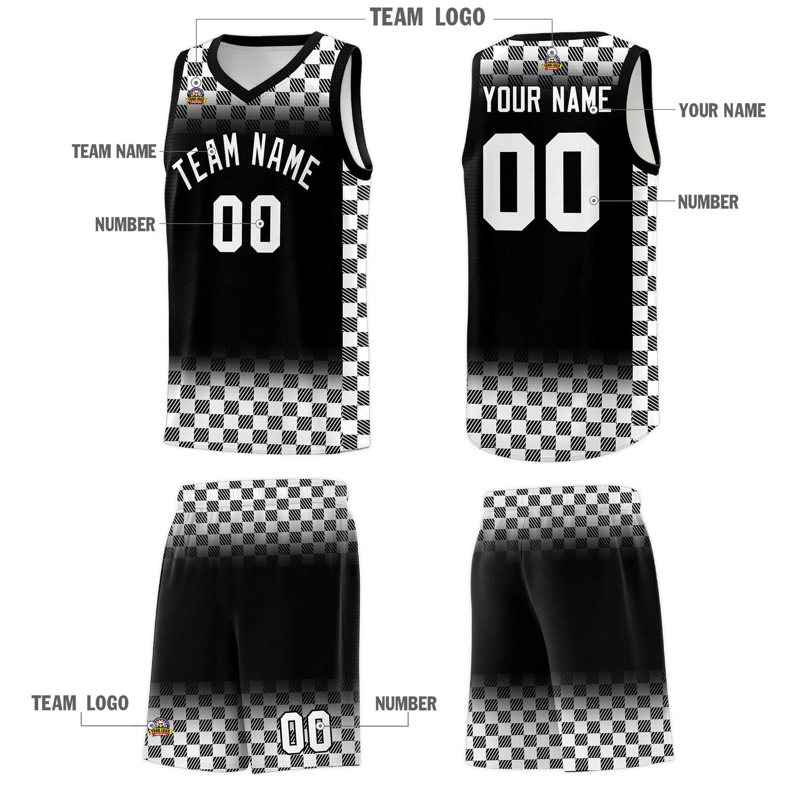 Custom Black White Classic Plaid Pattern Sports Uniform Basketball Jersey