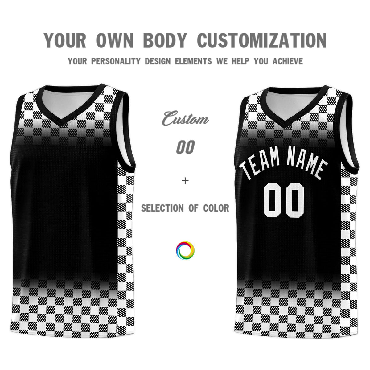 Custom Black White Classic Plaid Pattern Sports Uniform Basketball Jersey