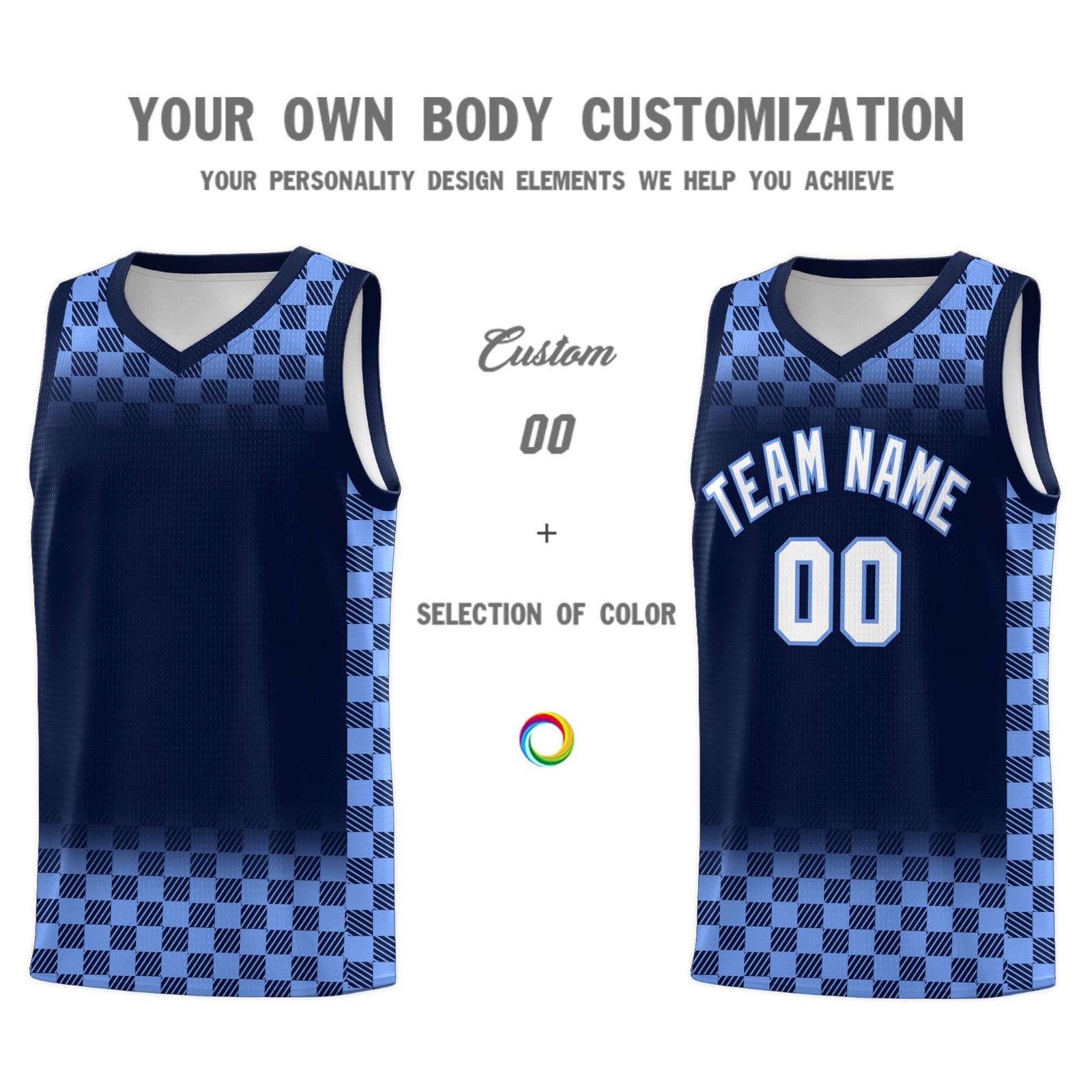 Custom Navy Light Blue Classic Plaid Pattern Sports Uniform Basketball Jersey