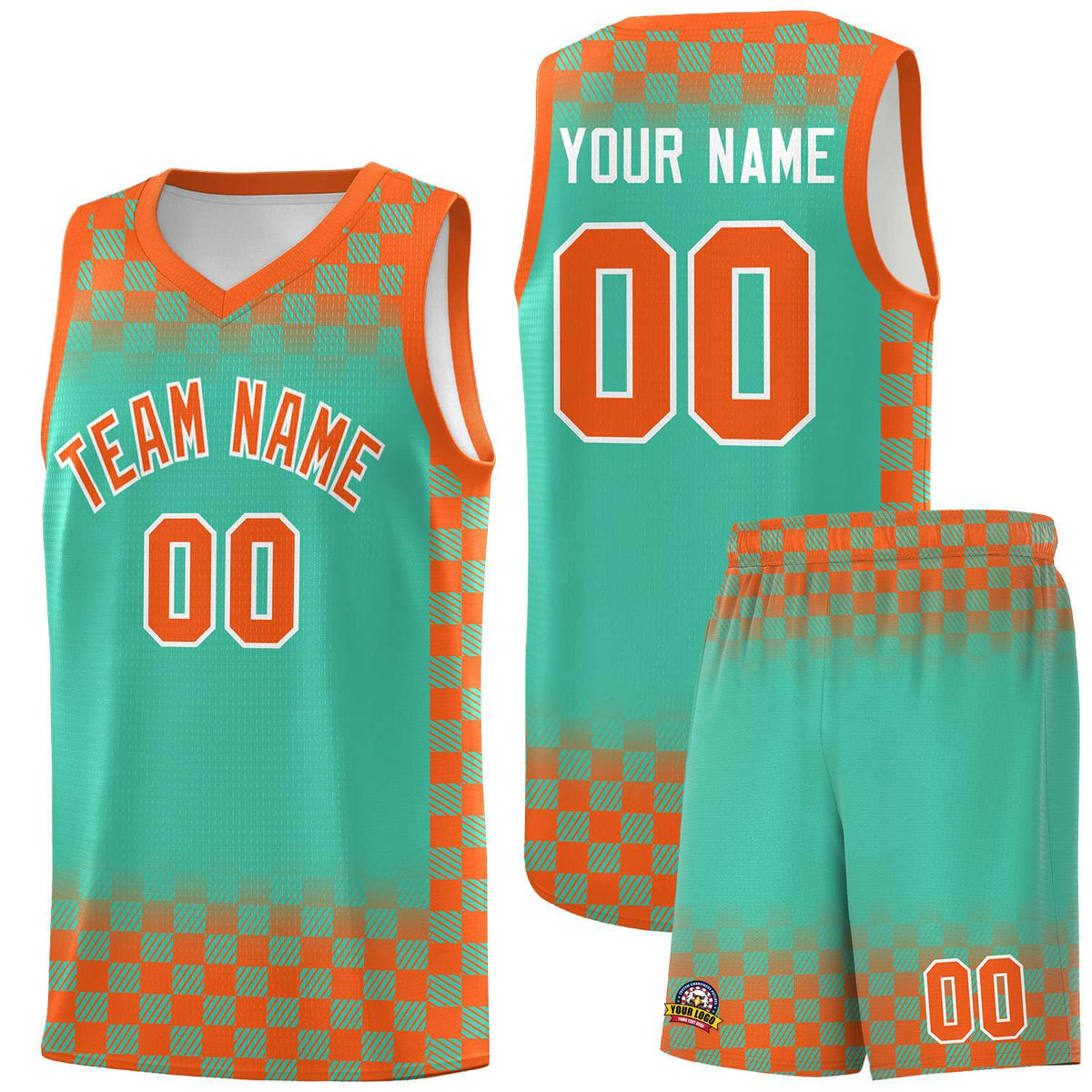 Custom Bright Green Orange Classic Plaid Pattern Sports Uniform Basketball Jersey