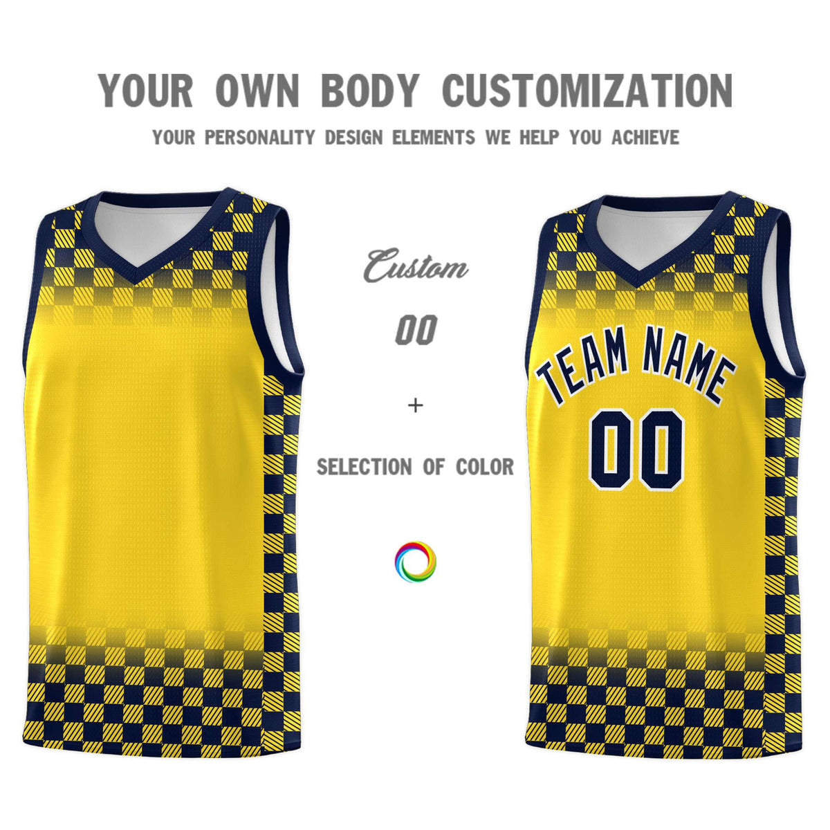 Custom Gold Navy Classic Plaid Pattern Sports Uniform Basketball Jersey