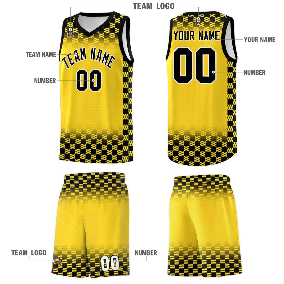 Custom Gold Black Classic Plaid Pattern Sports Uniform Basketball Jersey