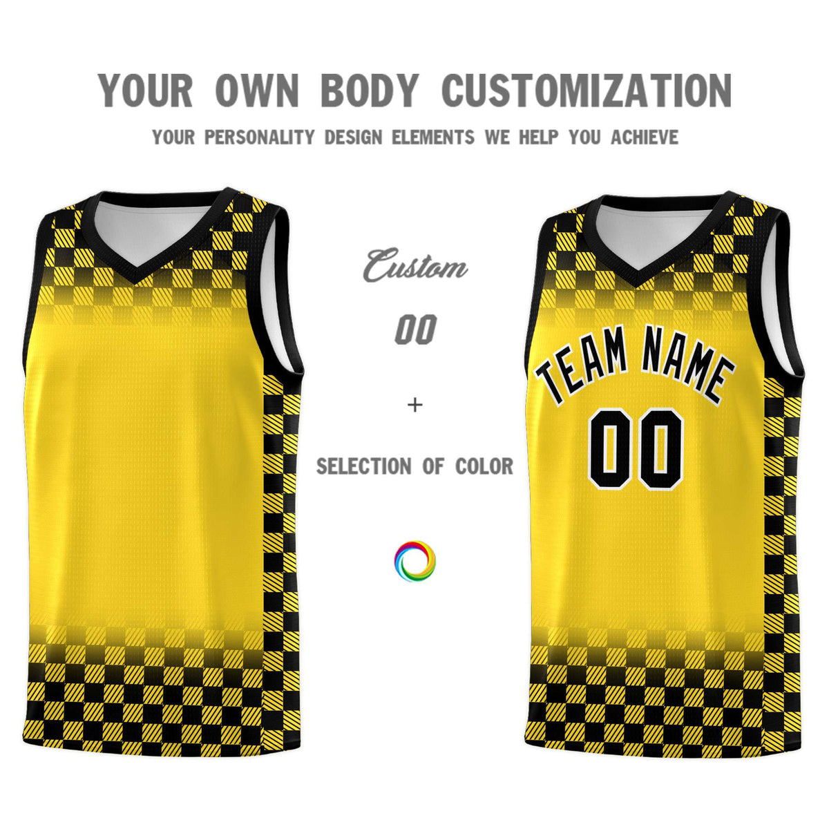 Custom Gold Black Classic Plaid Pattern Sports Uniform Basketball Jersey