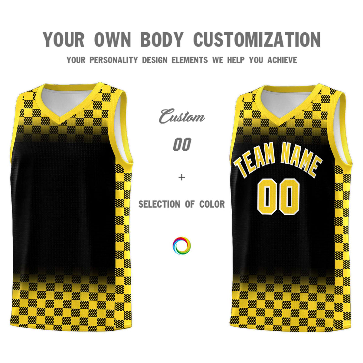 Custom Black Gold Classic Plaid Pattern Sports Uniform Basketball Jersey
