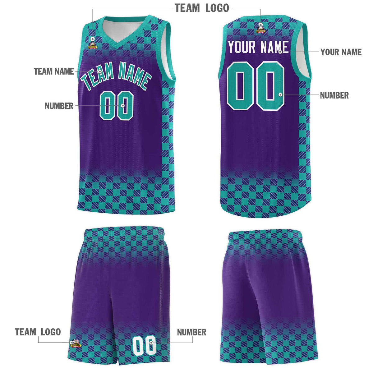 Custom Purple Aqua Classic Plaid Pattern Sports Uniform Basketball Jersey