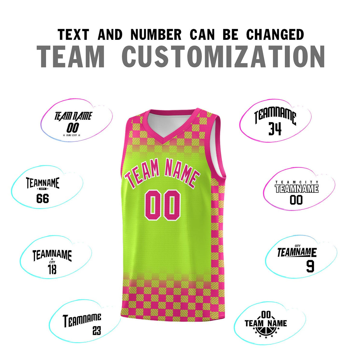 Custom Neon Green Pink Classic Plaid Pattern Sports Uniform Basketball Jersey