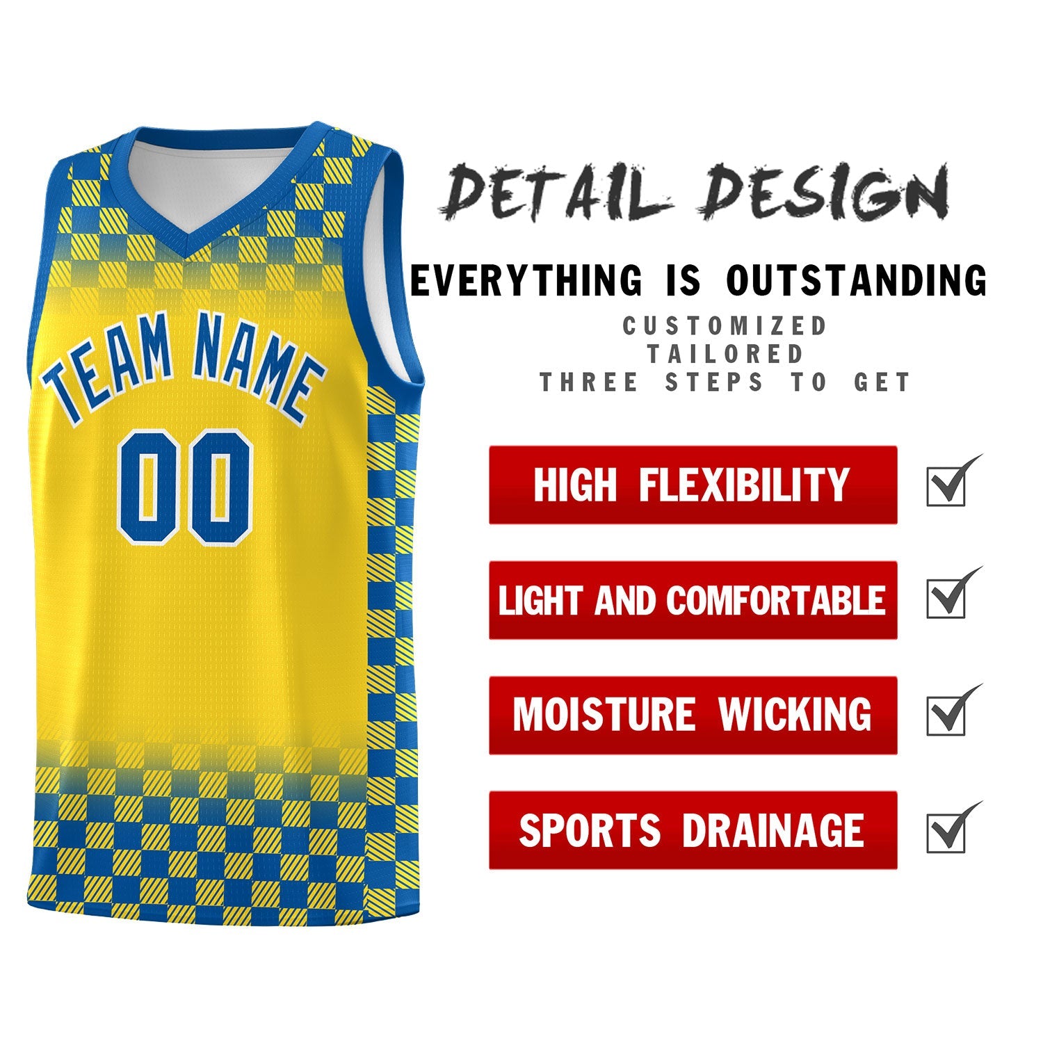 Custom Gold Royal Classic Plaid Pattern Sports Uniform Basketball Jersey