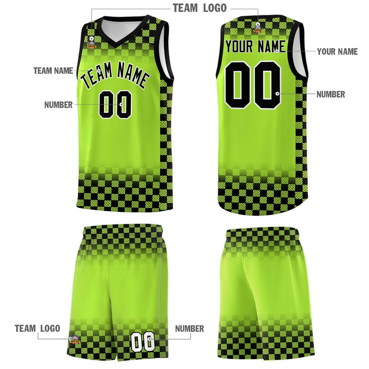 Custom Neon Green Black Classic Plaid Pattern Sports Uniform Basketball Jersey