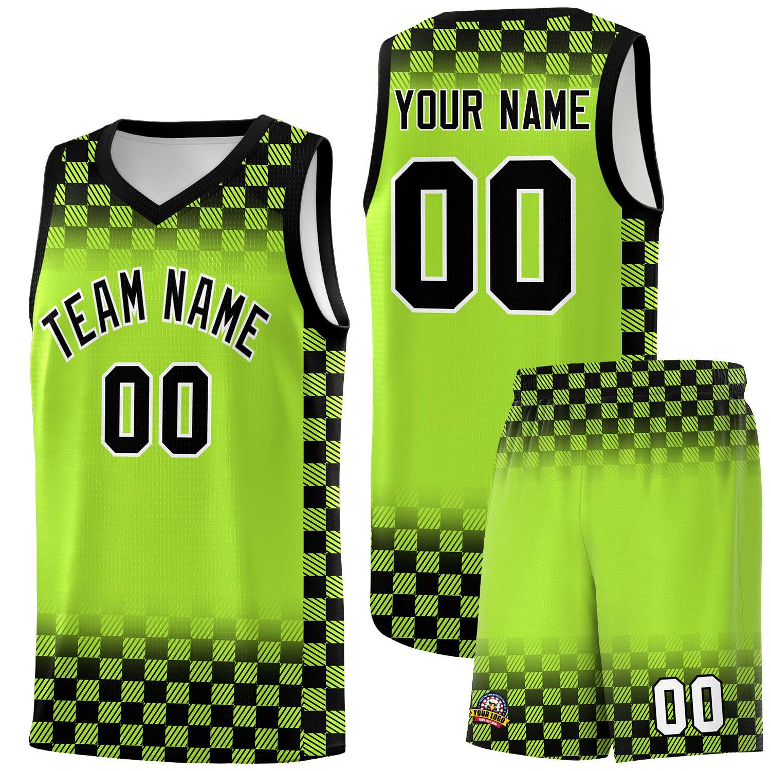 Custom Neon Green Black Classic Plaid Pattern Sports Uniform Basketball Jersey