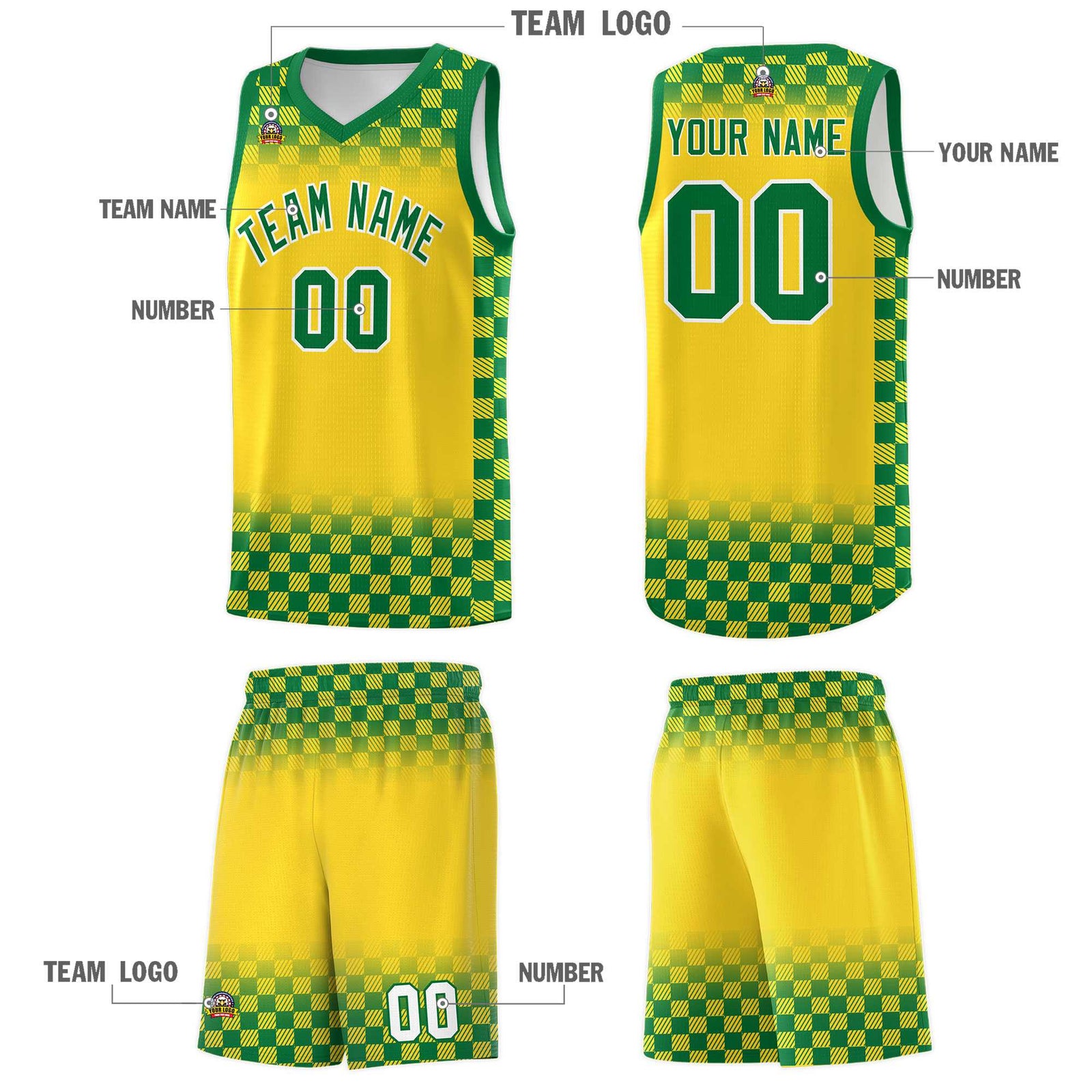 Custom Gold Kelly Green Classic Plaid Pattern Sports Uniform Basketball Jersey