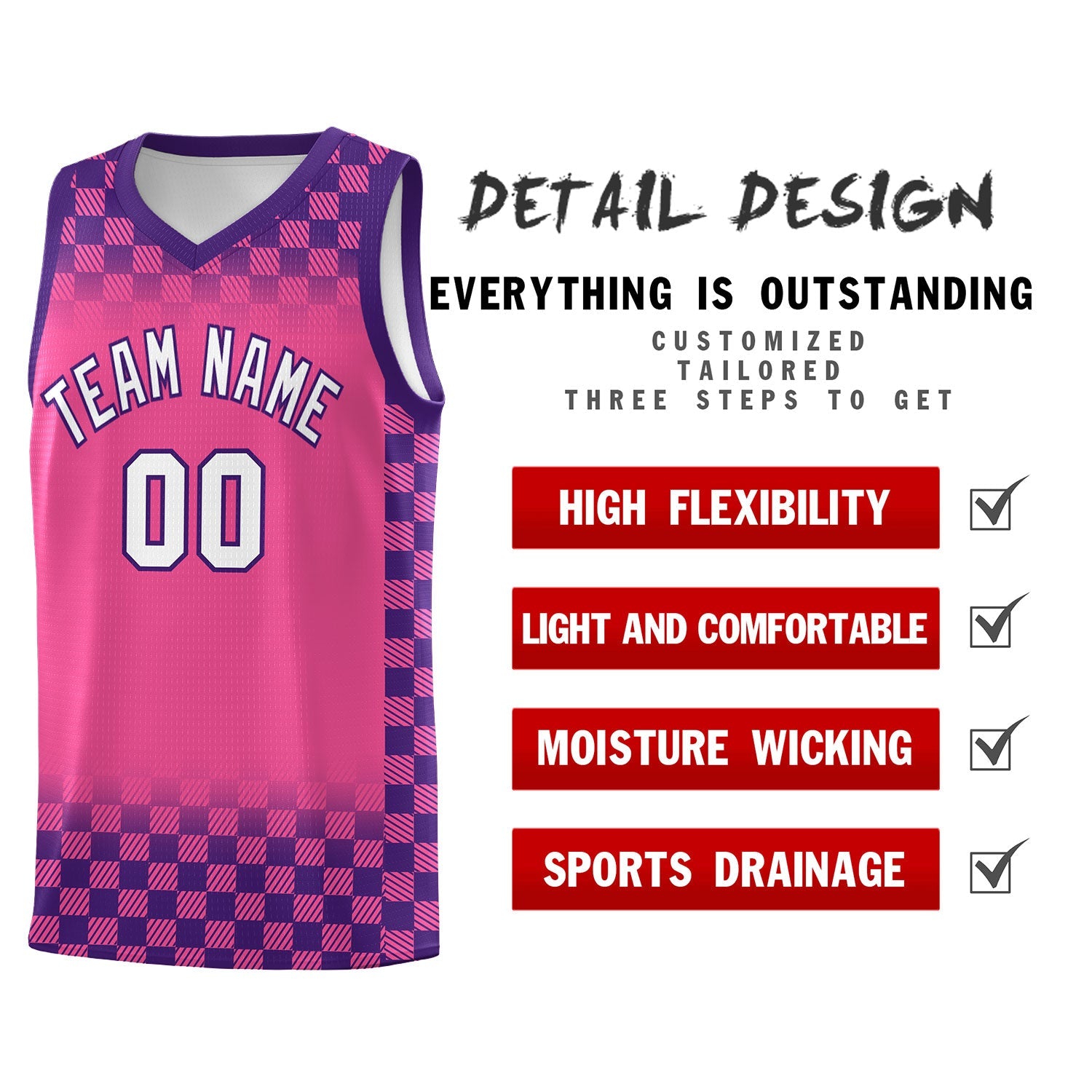 Custom Pink Purple Classic Plaid Pattern Sports Uniform Basketball Jersey