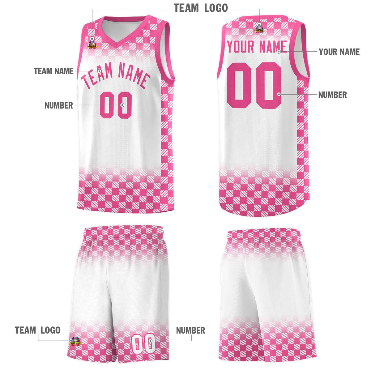 Custom White Pink Classic Plaid Pattern Sports Uniform Basketball Jersey