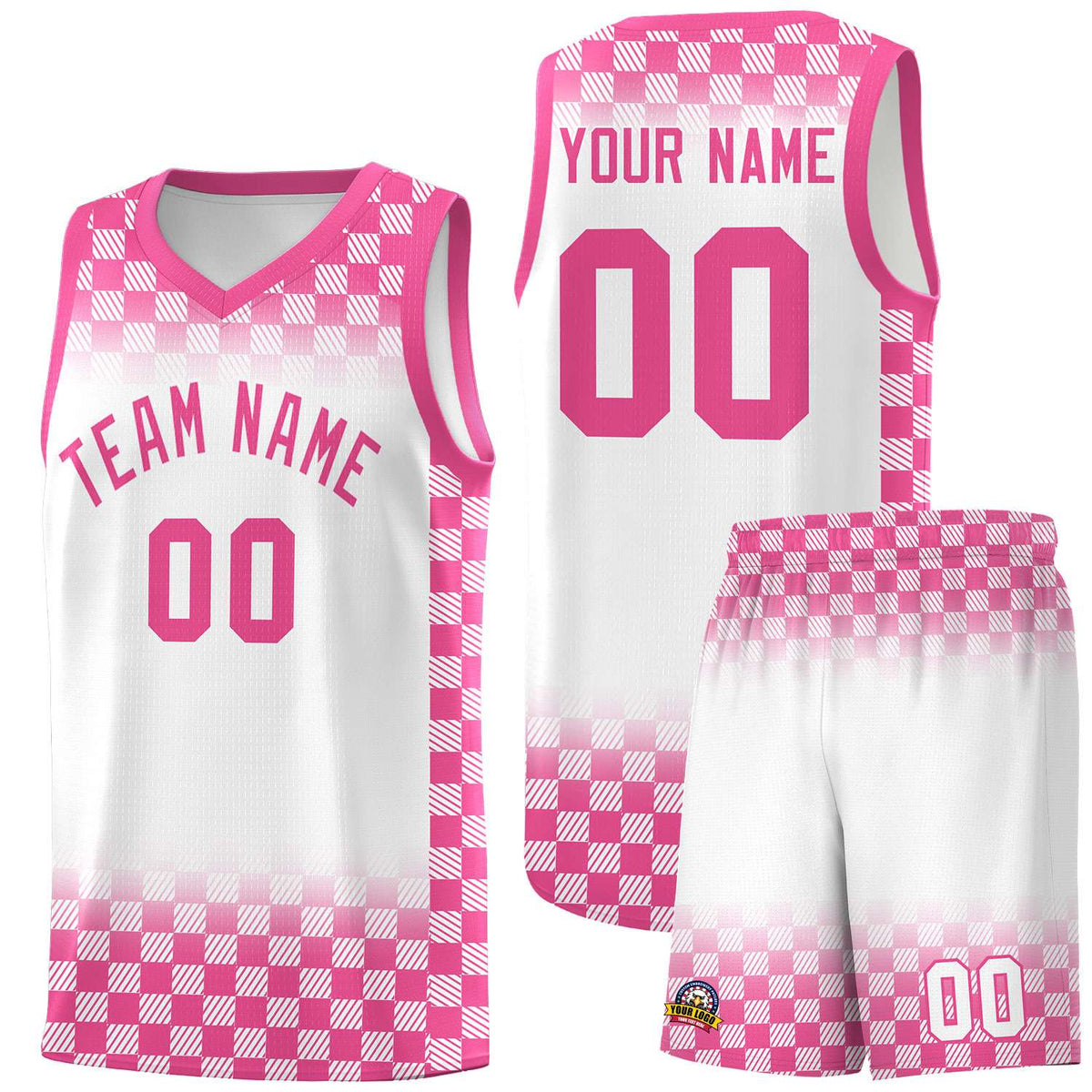 Custom White Pink Classic Plaid Pattern Sports Uniform Basketball Jersey