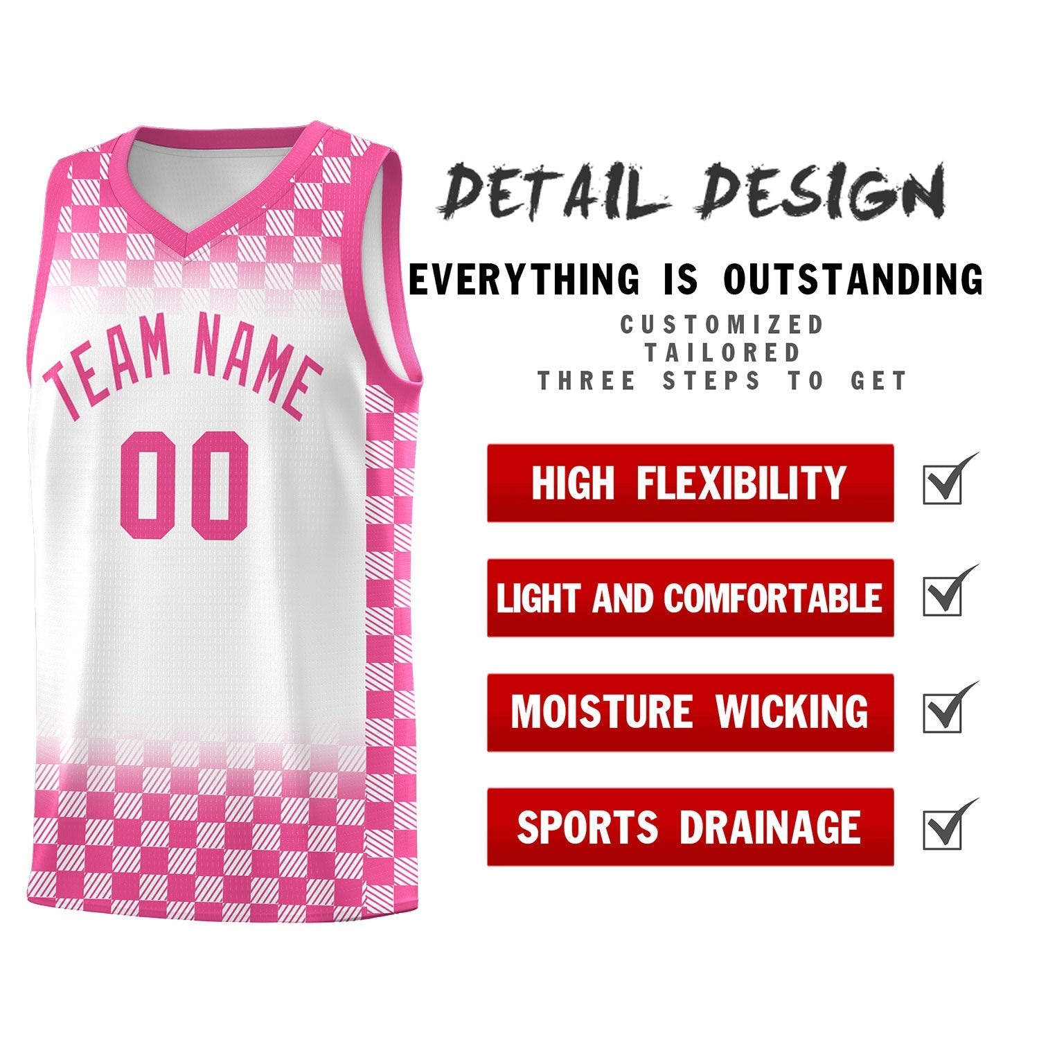 Custom White Pink Classic Plaid Pattern Sports Uniform Basketball Jersey