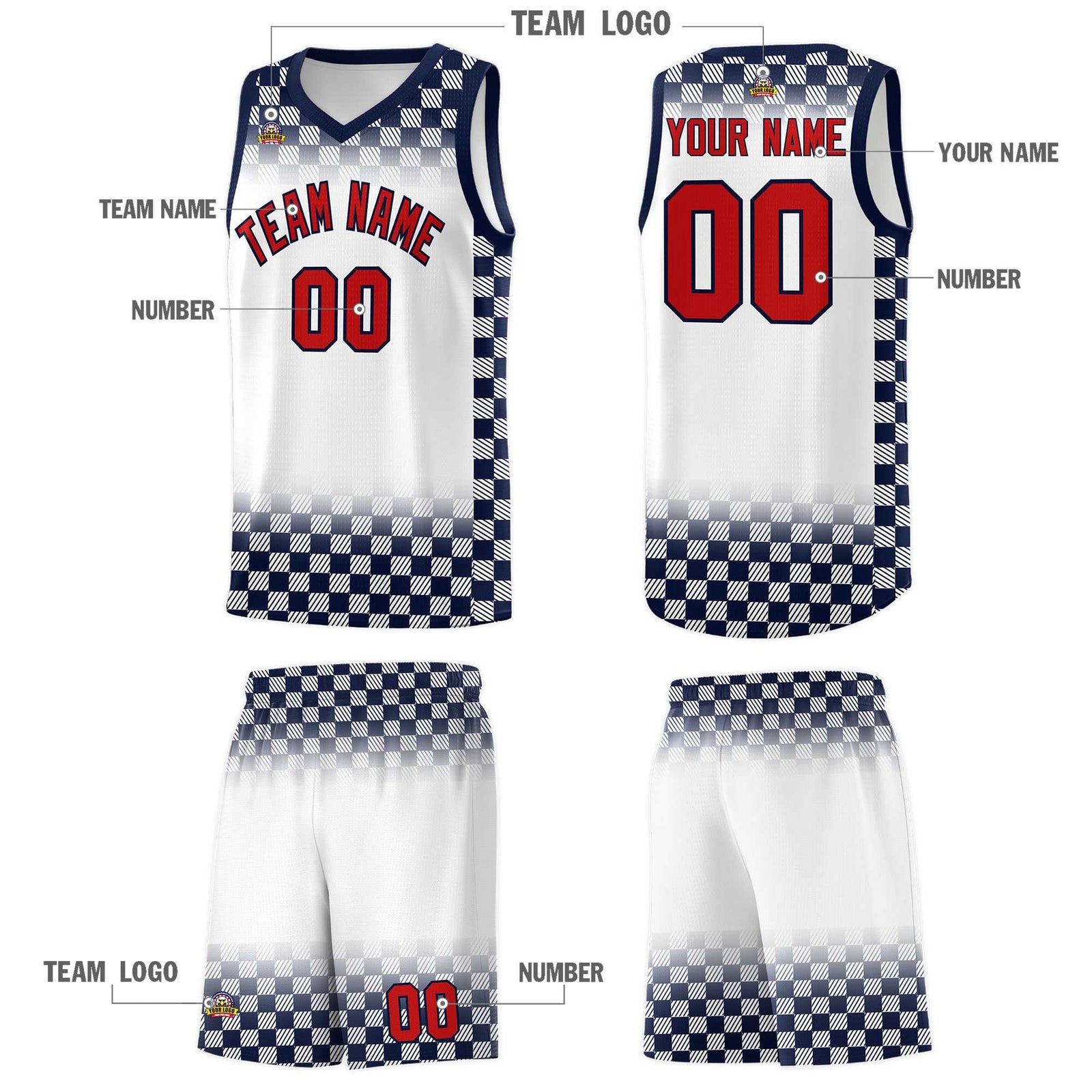 Custom White Navy Classic Plaid Pattern Sports Uniform Basketball Jersey
