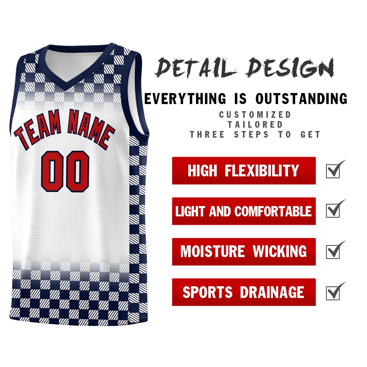 Custom White Navy Classic Plaid Pattern Sports Uniform Basketball Jersey