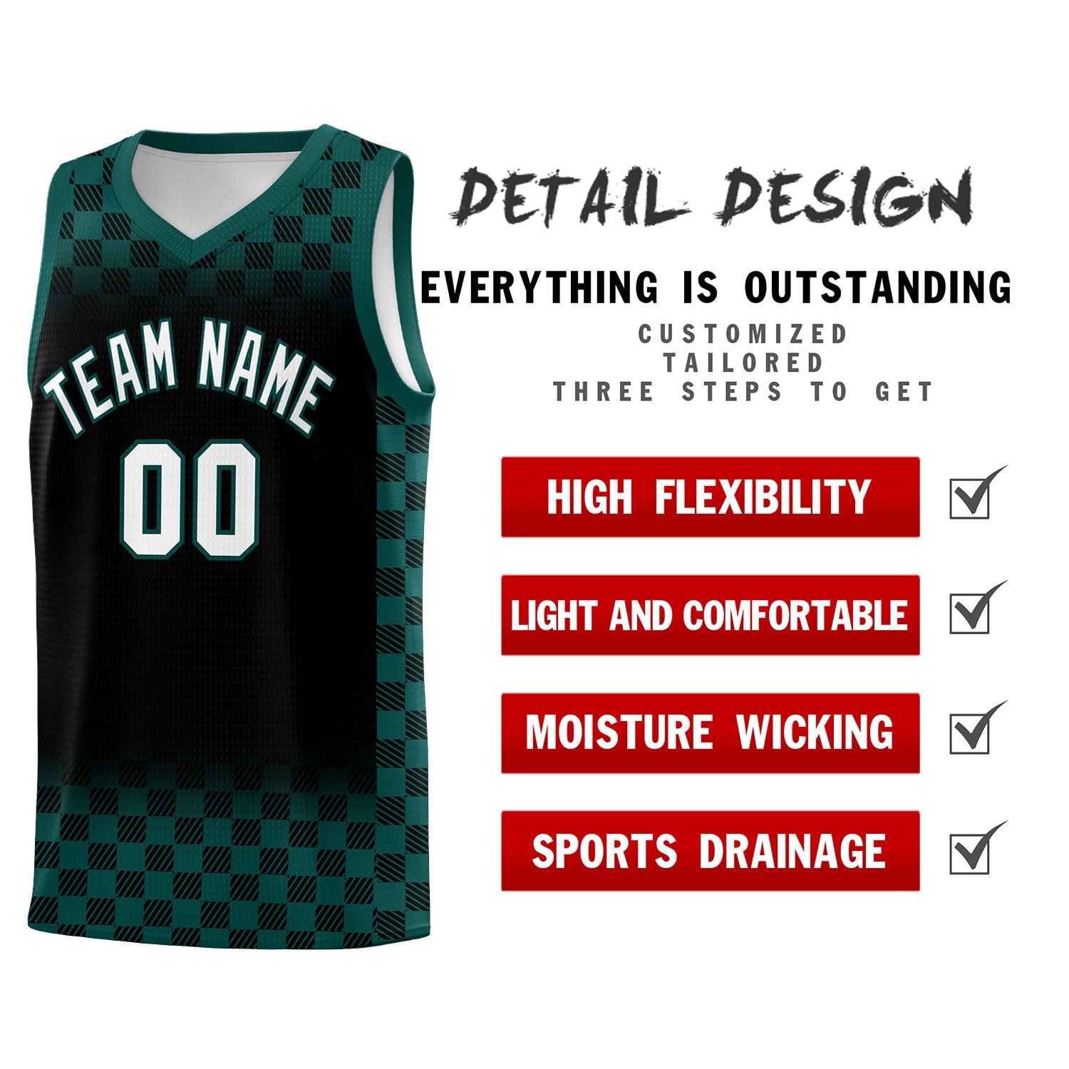 Custom Black Midnight Green Classic Plaid Pattern Sports Uniform Basketball Jersey