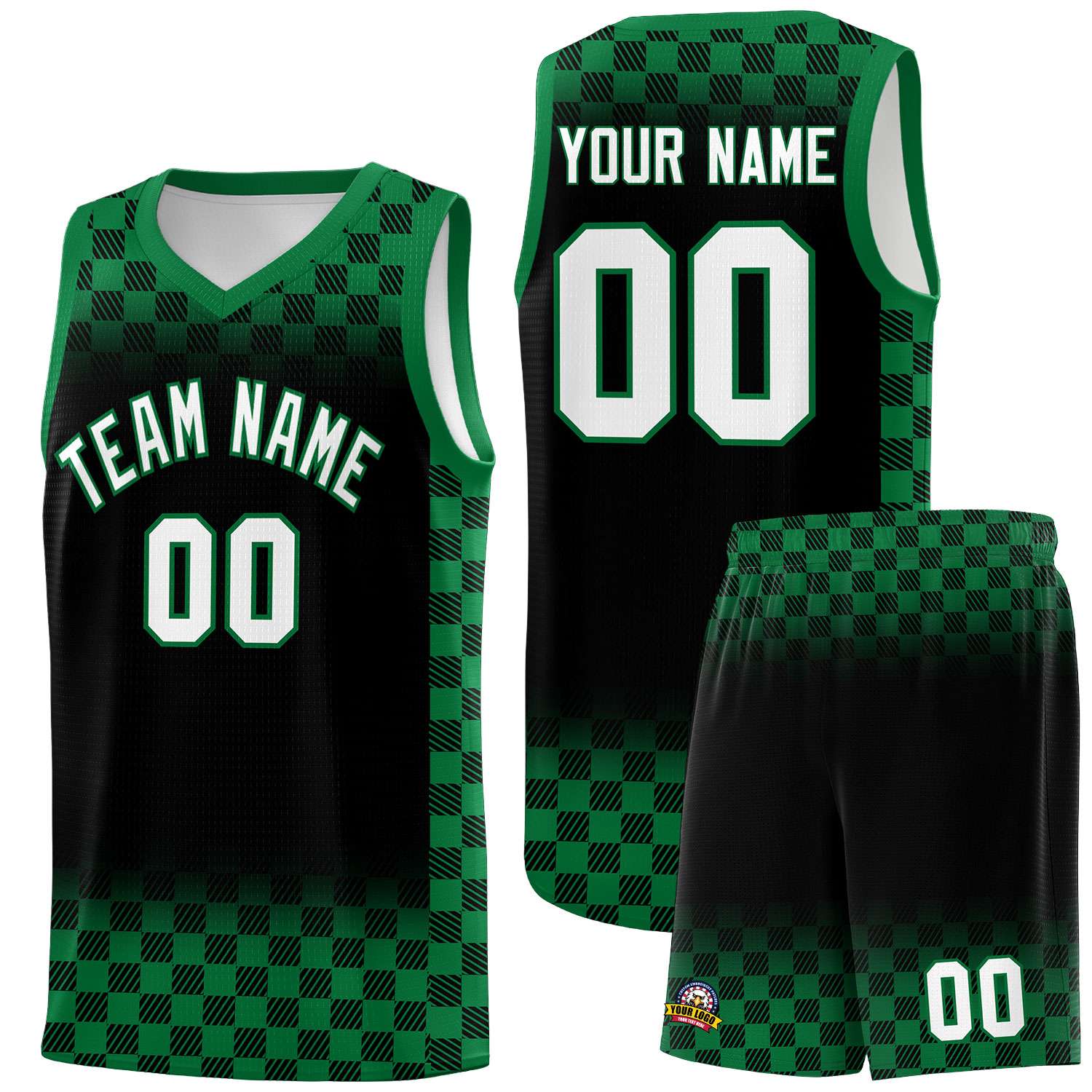 Custom Black Kelly Green Classic Plaid Pattern Sports Uniform Basketball Jersey