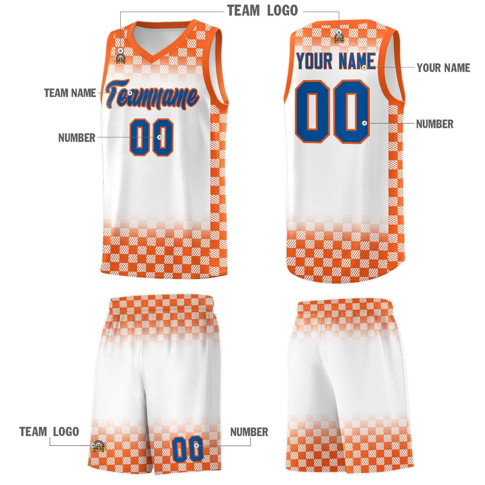 Custom White Orange Classic Plaid Pattern Sports Uniform Basketball Jersey