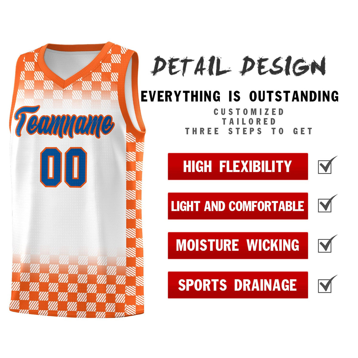 Custom White Orange Classic Plaid Pattern Sports Uniform Basketball Jersey