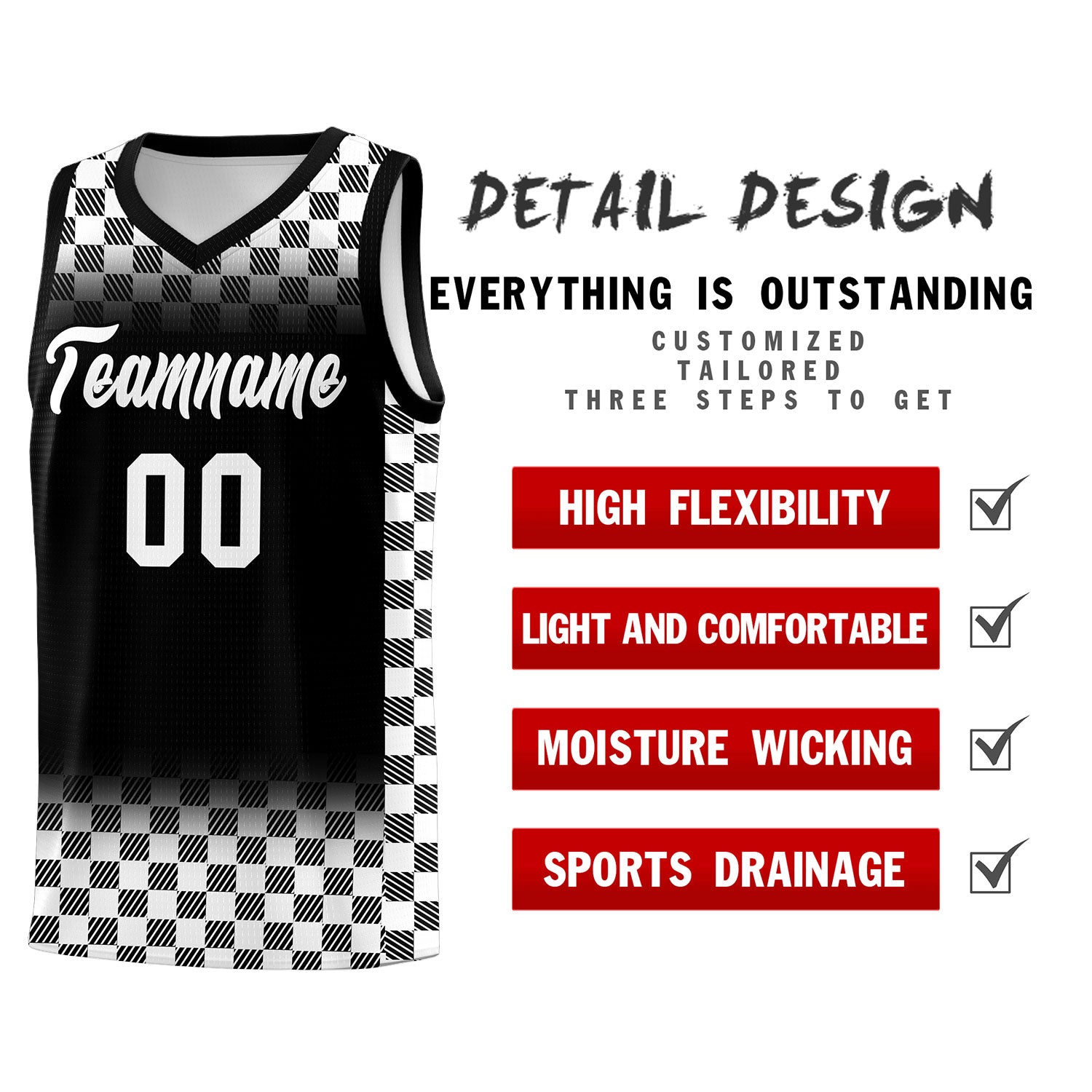 Custom Black White Classic Plaid Pattern Sports Uniform Basketball Jersey