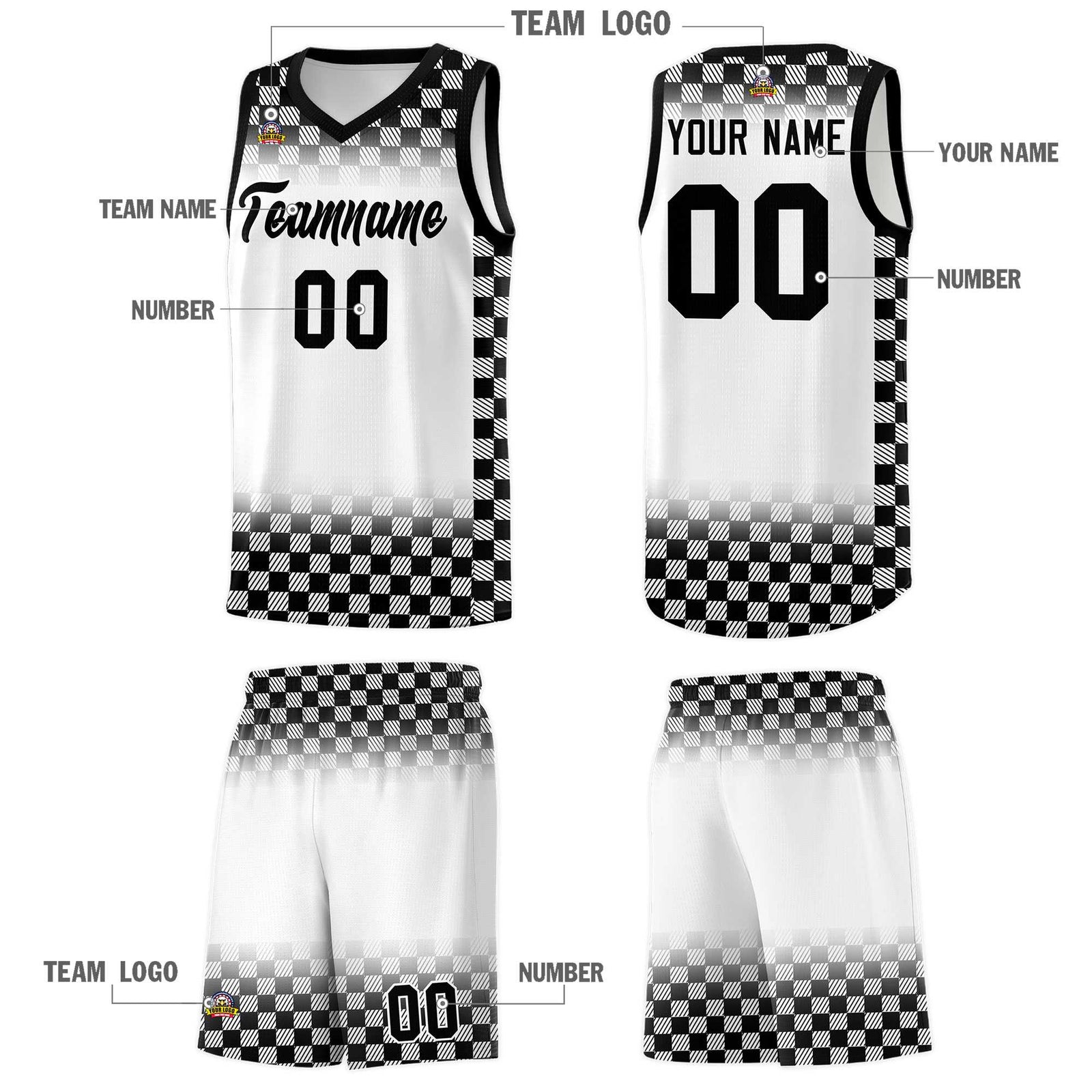 Custom White Black Classic Plaid Pattern Sports Uniform Basketball Jersey