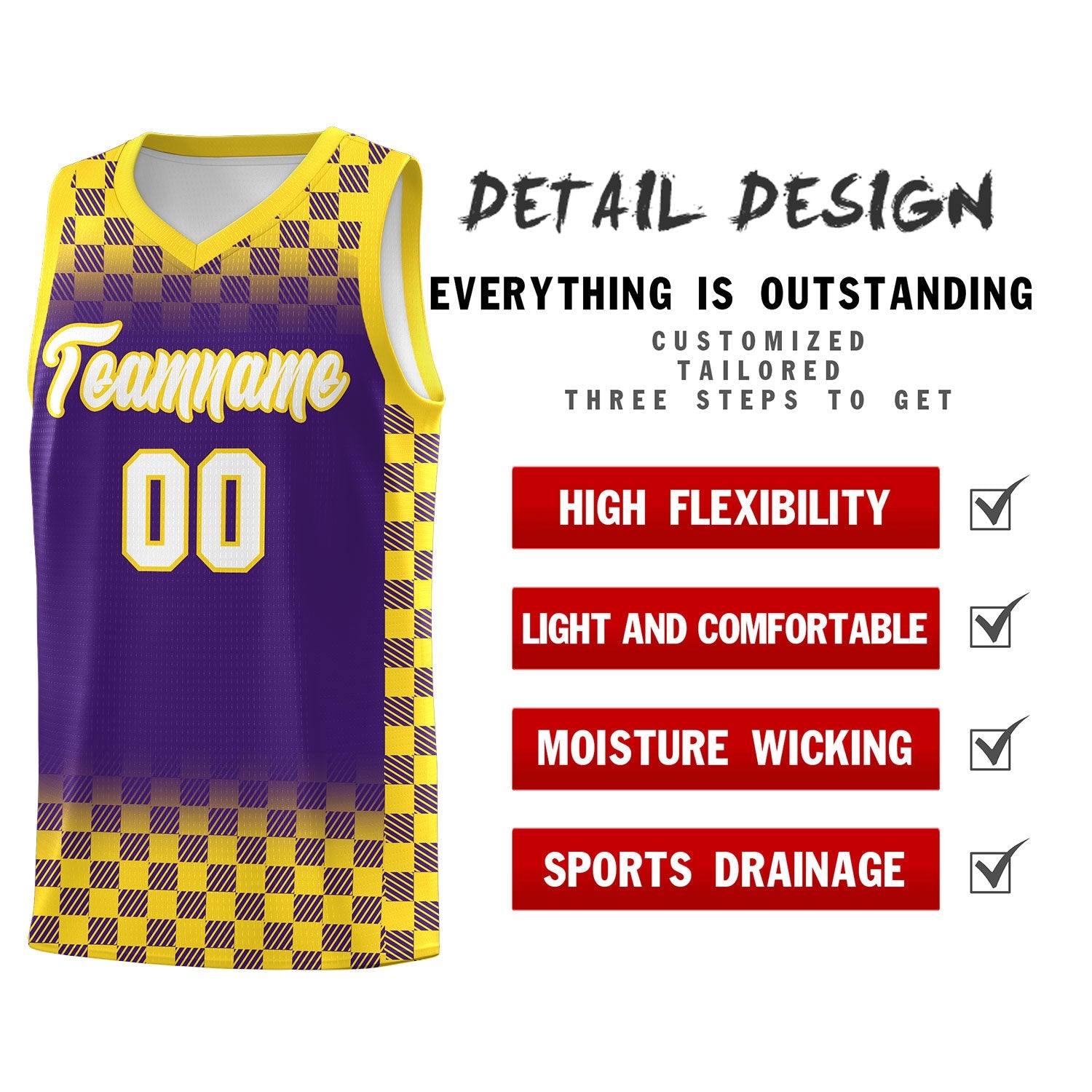 Custom Purple Gold Classic Plaid Pattern Sports Uniform Basketball Jersey