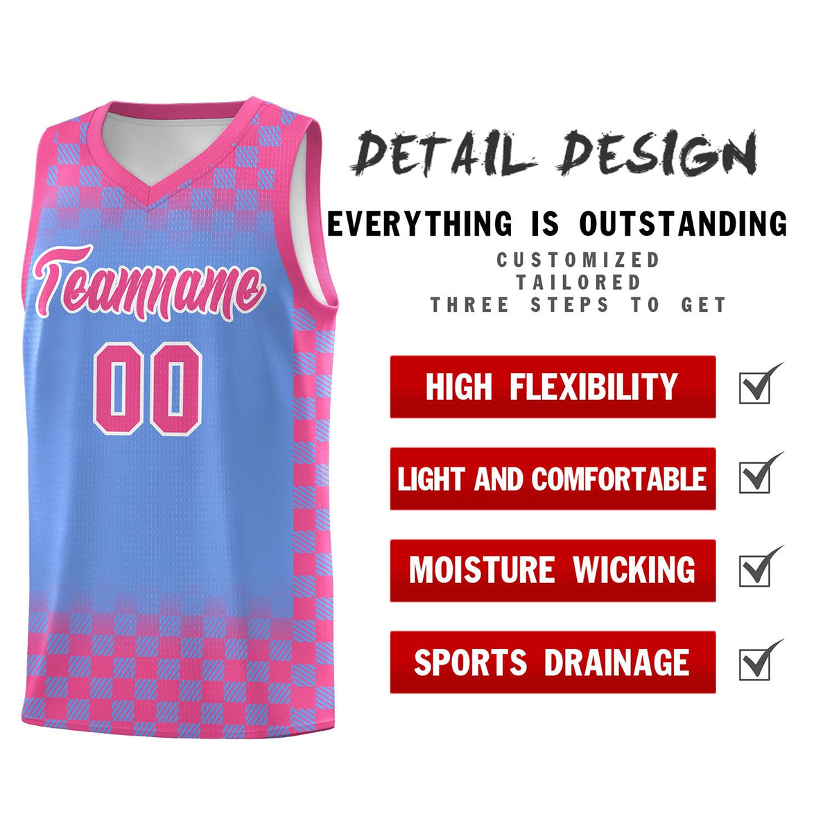 Custom Light Blue Pink Classic Plaid Pattern Sports Uniform Basketball Jersey