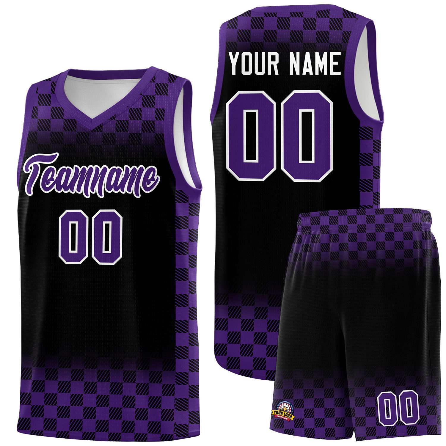 Custom Black Purple Classic Plaid Pattern Sports Uniform Basketball Jersey
