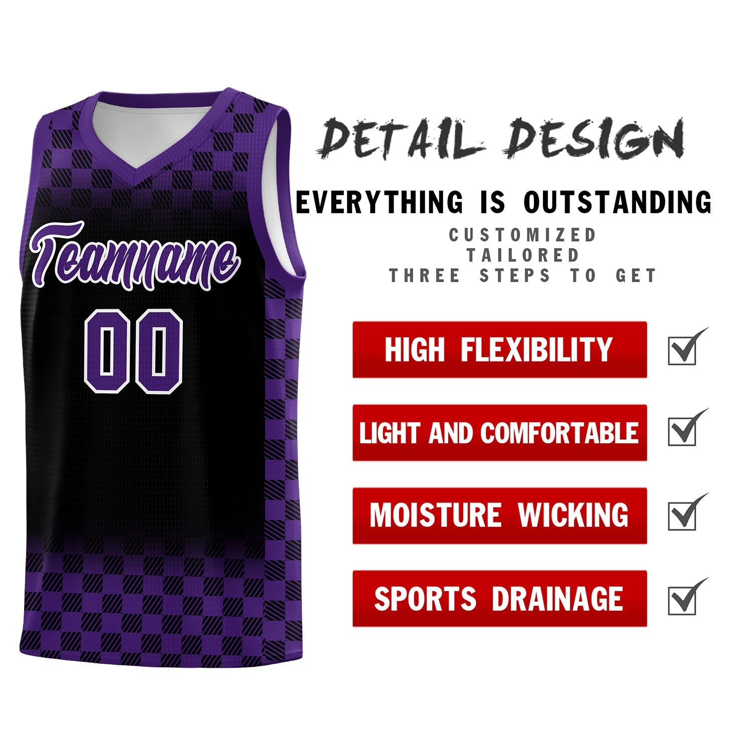 Custom Black Purple Classic Plaid Pattern Sports Uniform Basketball Jersey