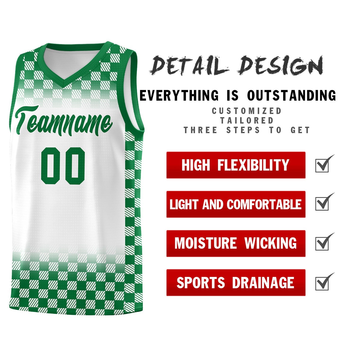 Custom White Kelly Green Classic Plaid Pattern Sports Uniform Basketball Jersey