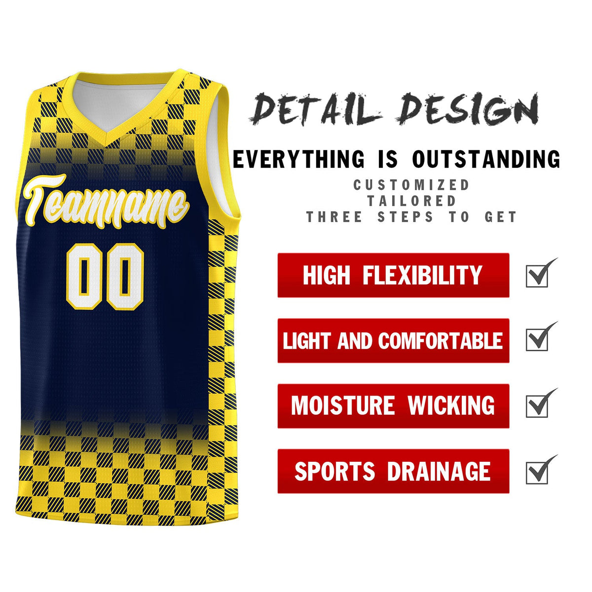 Custom Navy Gold Classic Plaid Pattern Sports Uniform Basketball Jersey