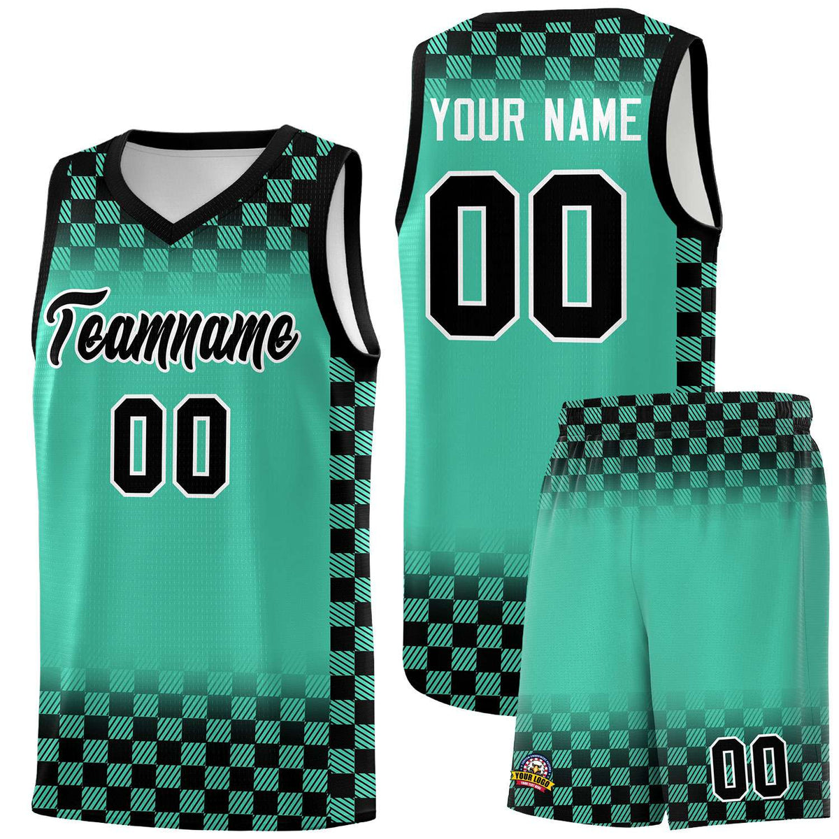 Custom Bright Green Black Classic Plaid Pattern Sports Uniform Basketball Jersey