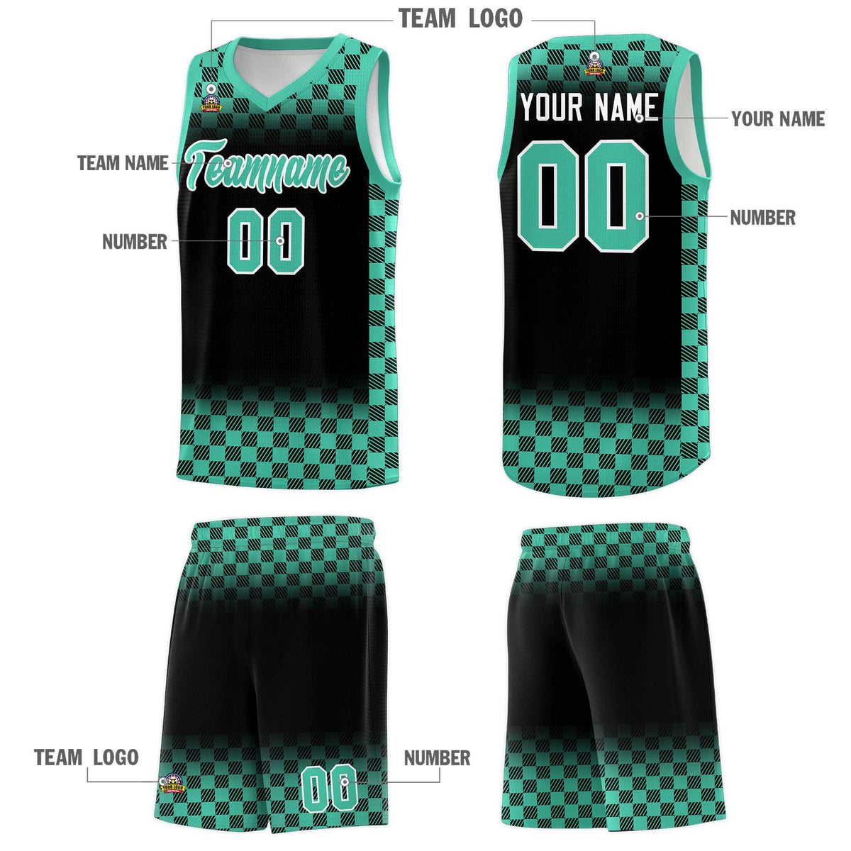 Custom Black Bright Green Classic Plaid Pattern Sports Uniform Basketball Jersey