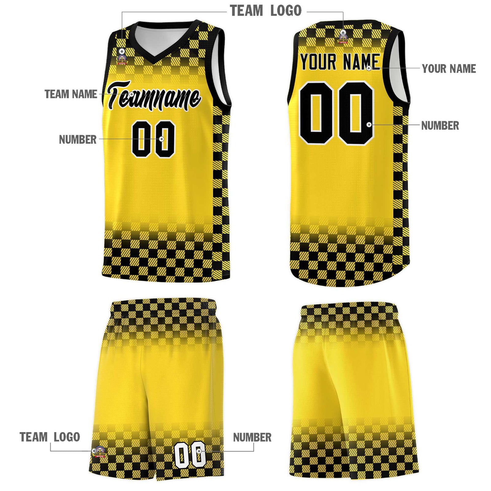 Custom Gold Black Classic Plaid Pattern Sports Uniform Basketball Jersey