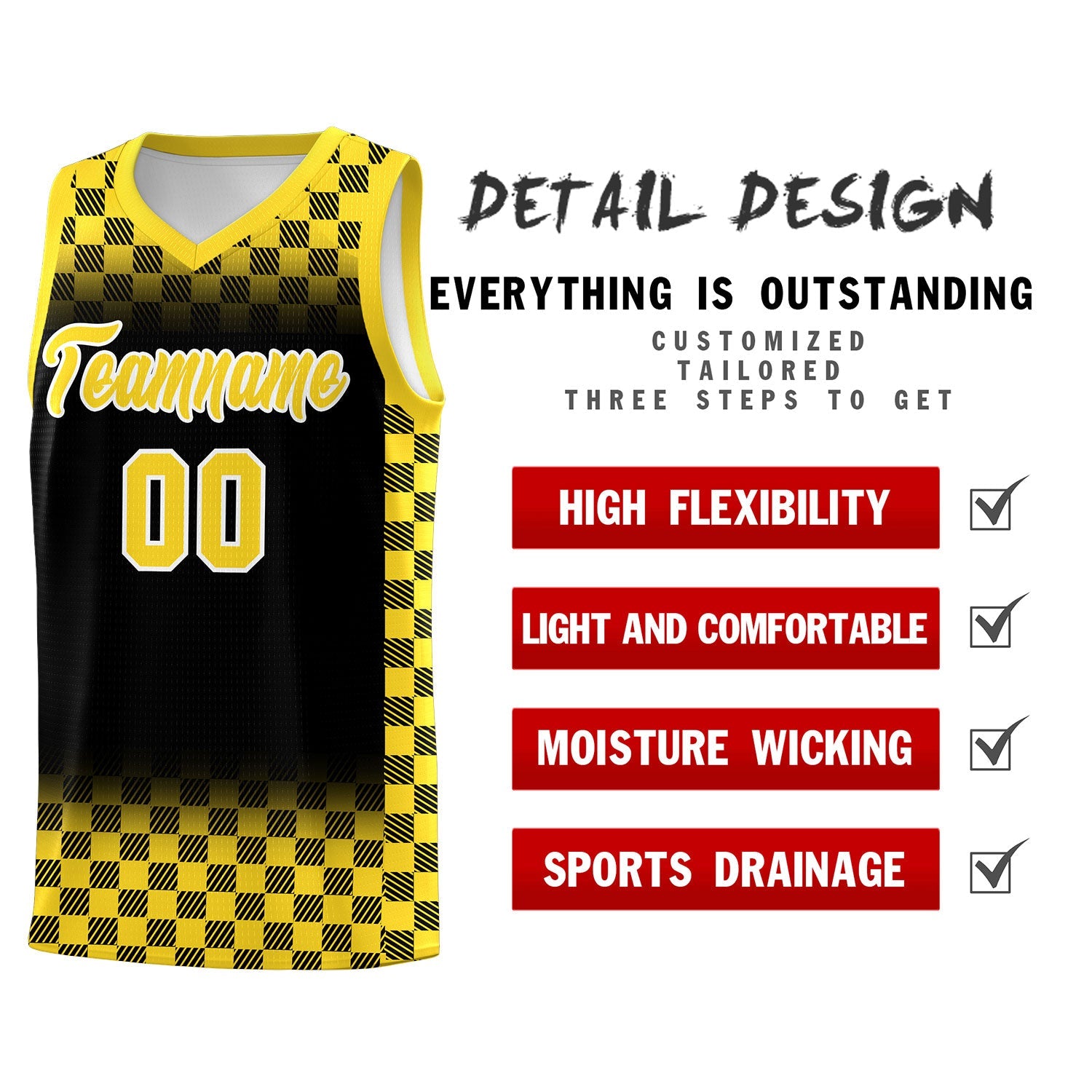Custom Black Gold Classic Plaid Pattern Sports Uniform Basketball Jersey