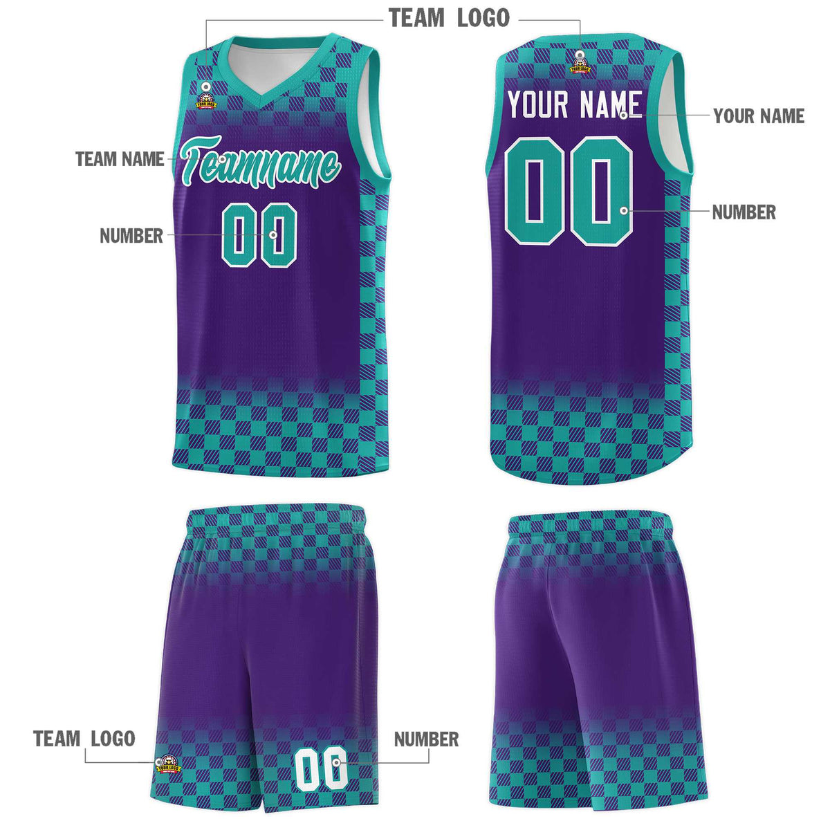 Custom Purple Aqua Classic Plaid Pattern Sports Uniform Basketball Jersey