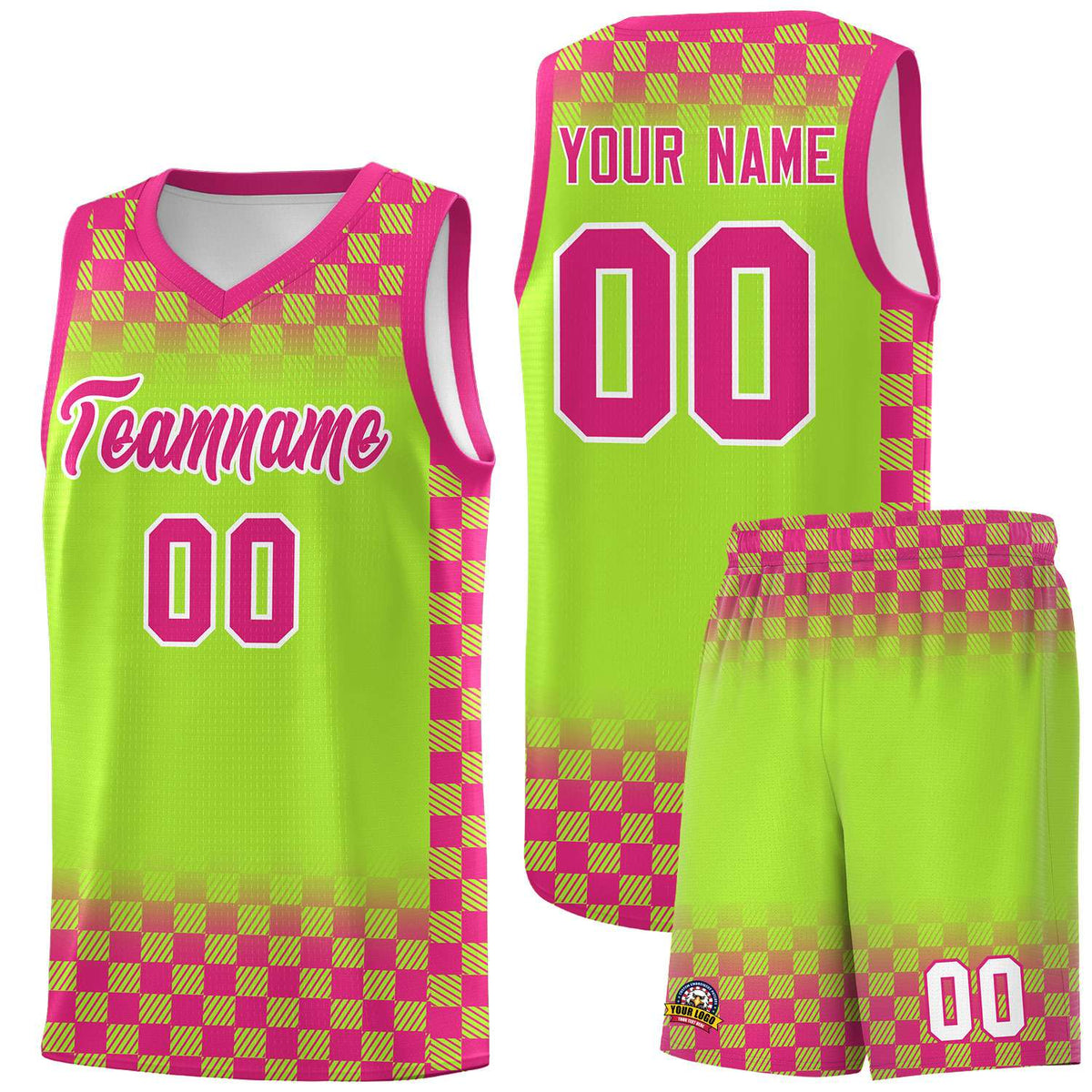 Custom Neon Green Pink Classic Plaid Pattern Sports Uniform Basketball Jersey