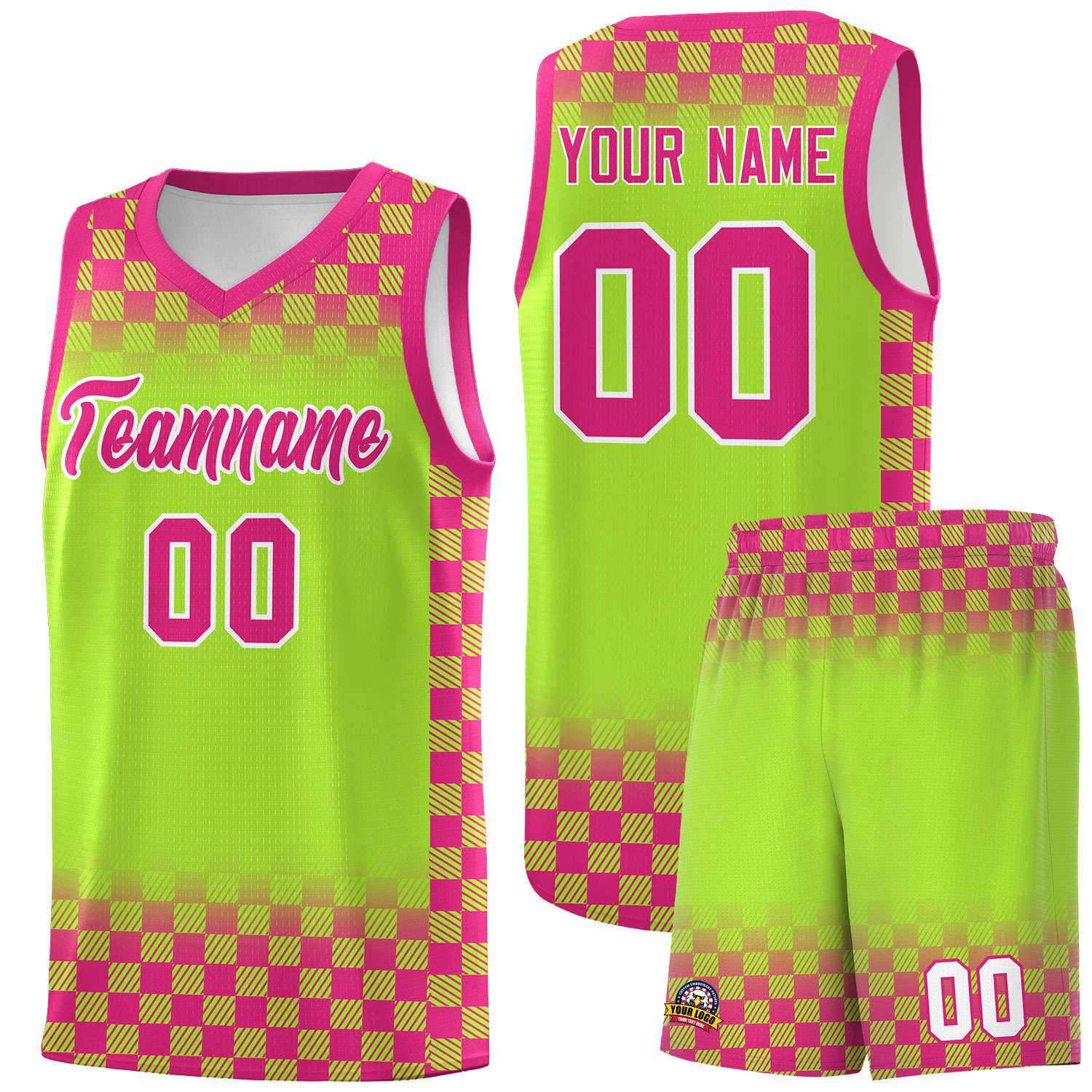 Custom Neon Green Pink Classic Plaid Pattern Sports Uniform Basketball Jersey