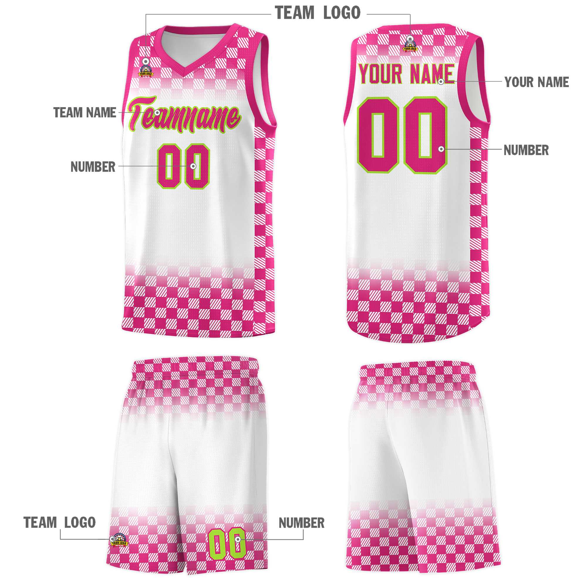 Custom White Pink Classic Plaid Pattern Sports Uniform Basketball Jersey