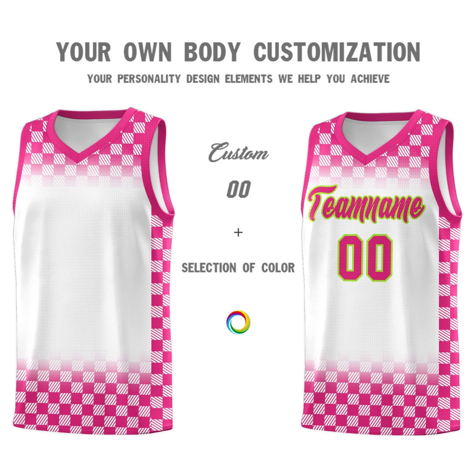 Custom White Pink Classic Plaid Pattern Sports Uniform Basketball Jersey