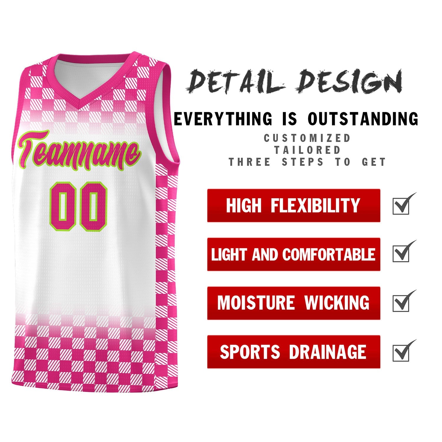 Custom White Pink Classic Plaid Pattern Sports Uniform Basketball Jersey