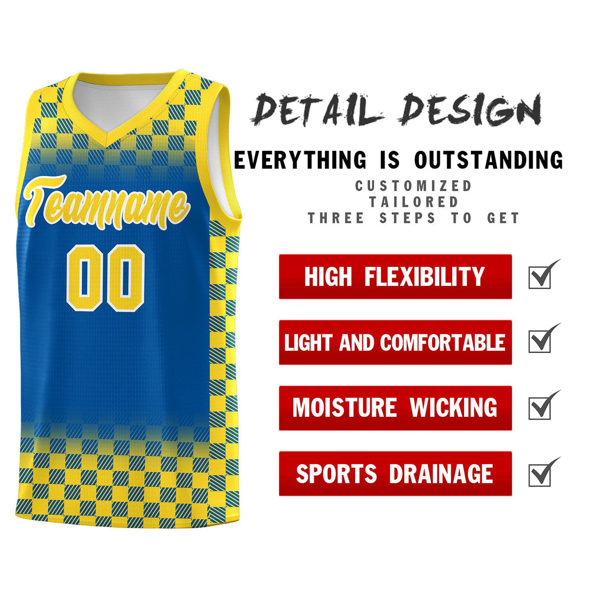 Custom Royal Gold Classic Plaid Pattern Sports Uniform Basketball Jersey