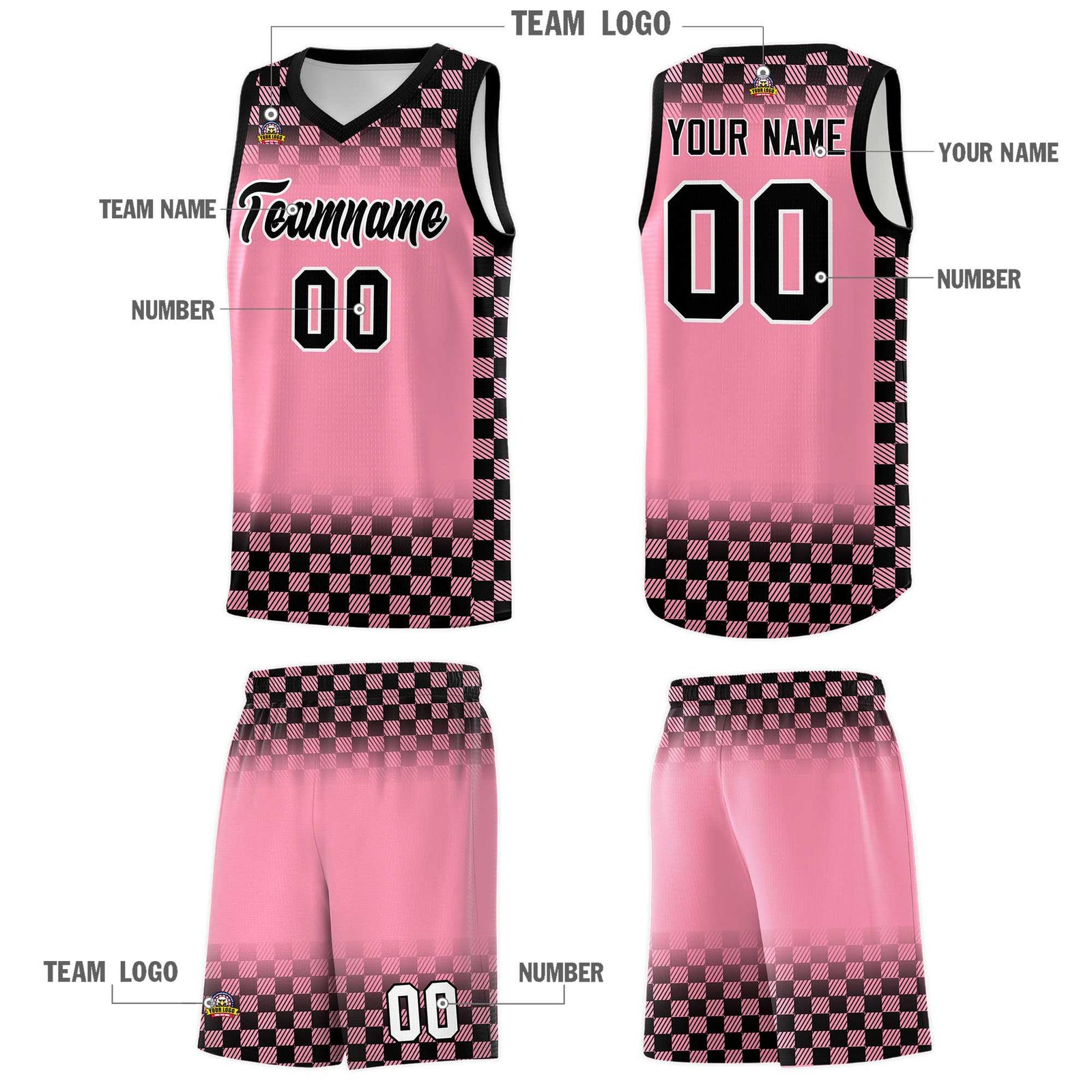 Custom Light Pink Black Classic Plaid Pattern Sports Uniform Basketball Jersey