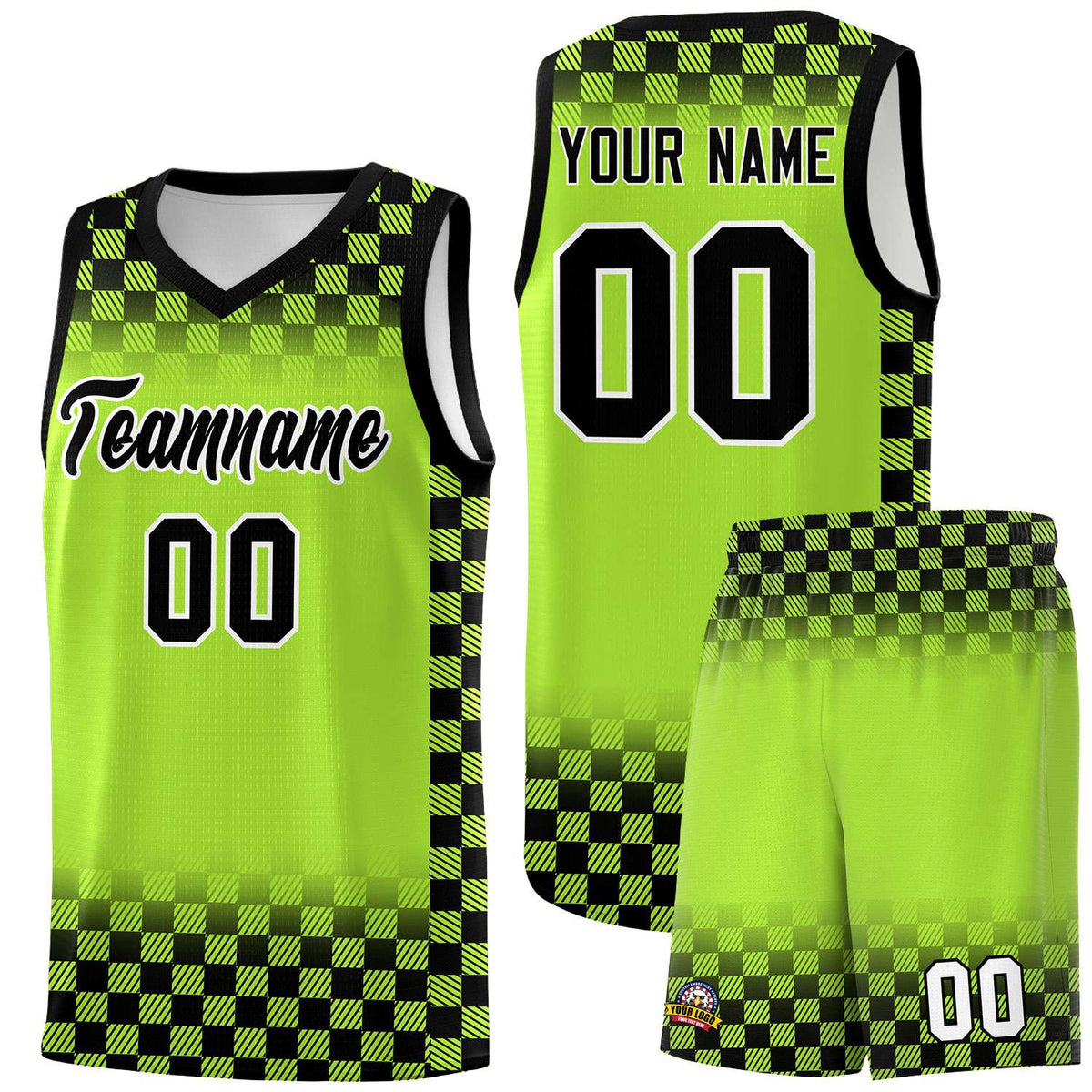 Custom Neon Green Black Classic Plaid Pattern Sports Uniform Basketball Jersey
