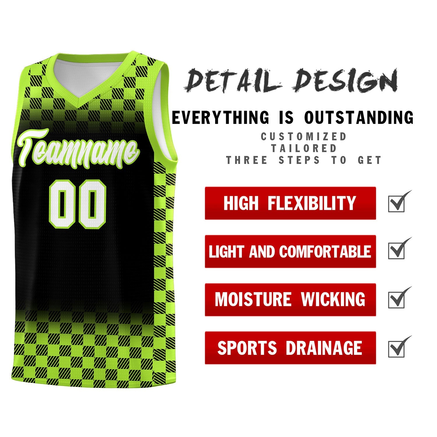 Custom Black Neon Green Classic Plaid Pattern Sports Uniform Basketball Jersey