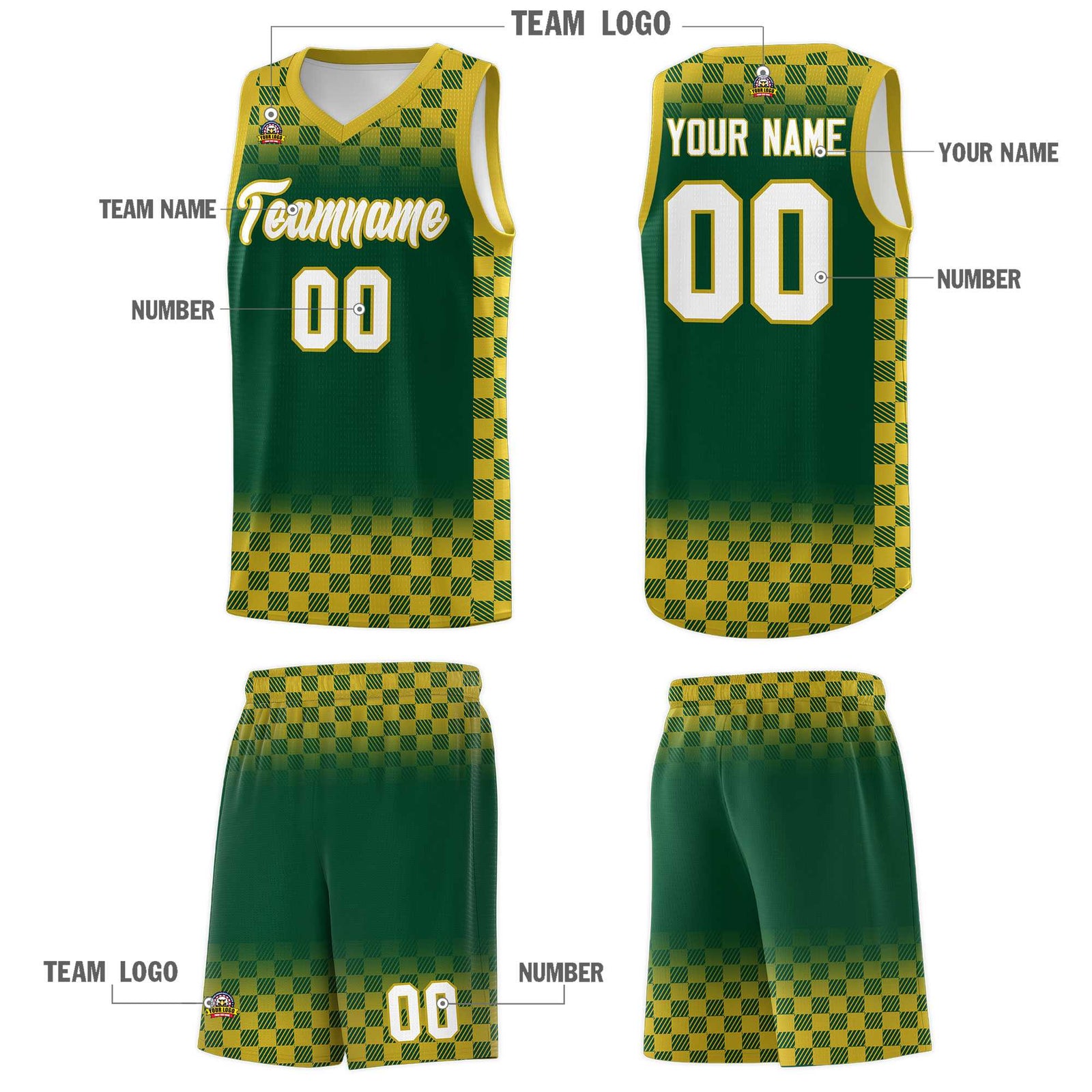 Custom Green Old Gold Classic Plaid Pattern Sports Uniform Basketball Jersey
