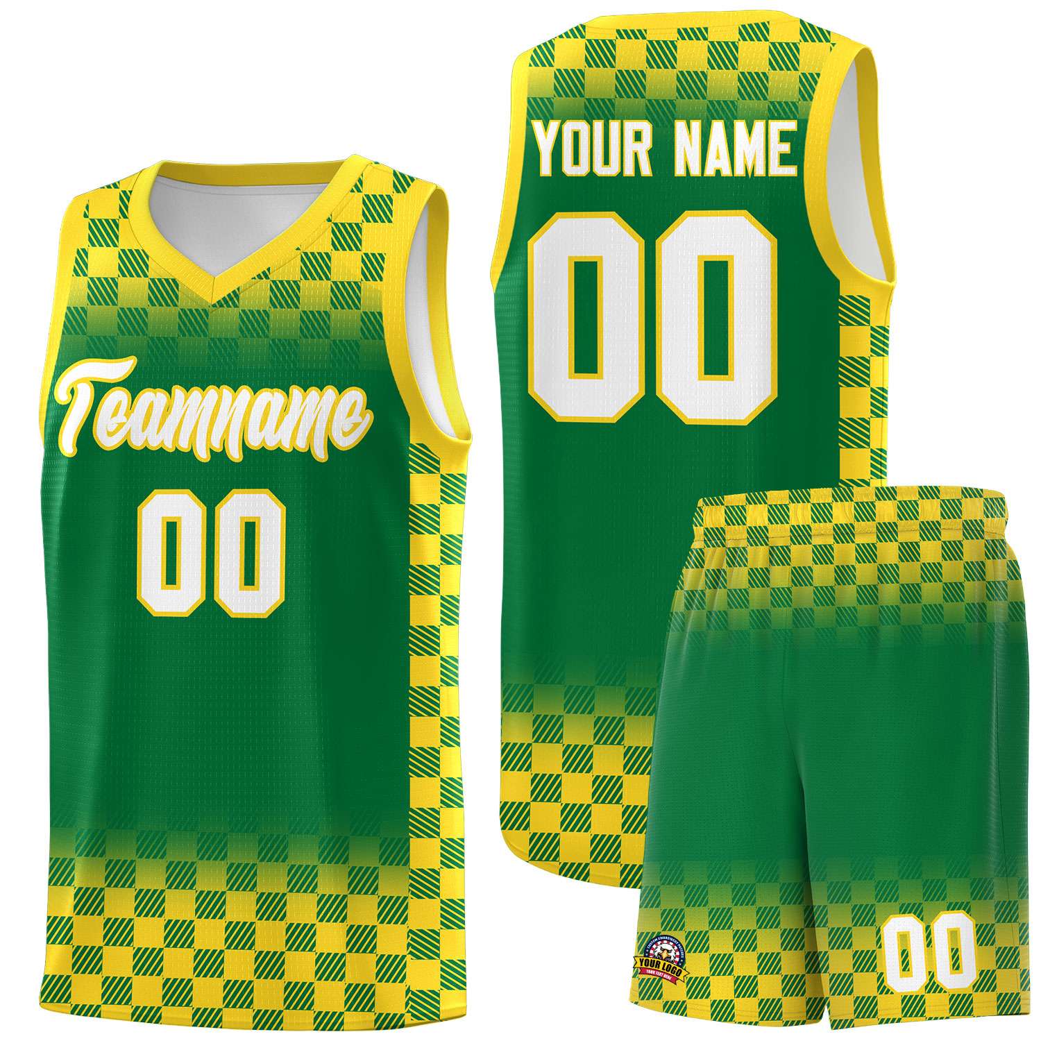 Custom Kelly Green Gold Classic Plaid Pattern Sports Uniform Basketball Jersey