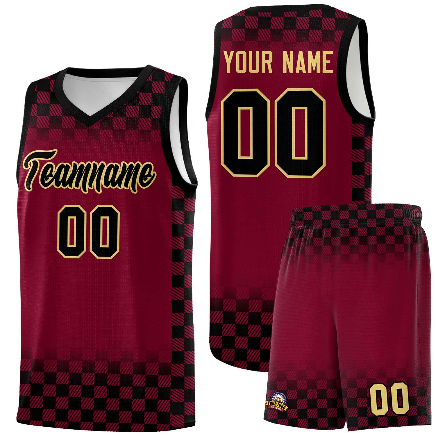 Custom Crimson Black Classic Plaid Pattern Sports Uniform Basketball Jersey
